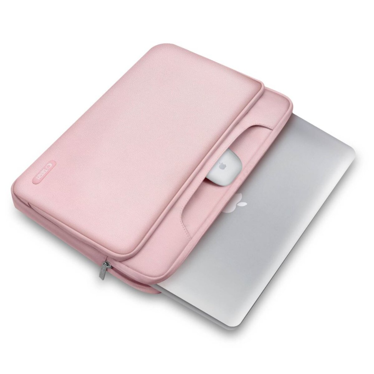 Eine rosafarbene Laptoptasche mit einem MacBook und einer Maus.