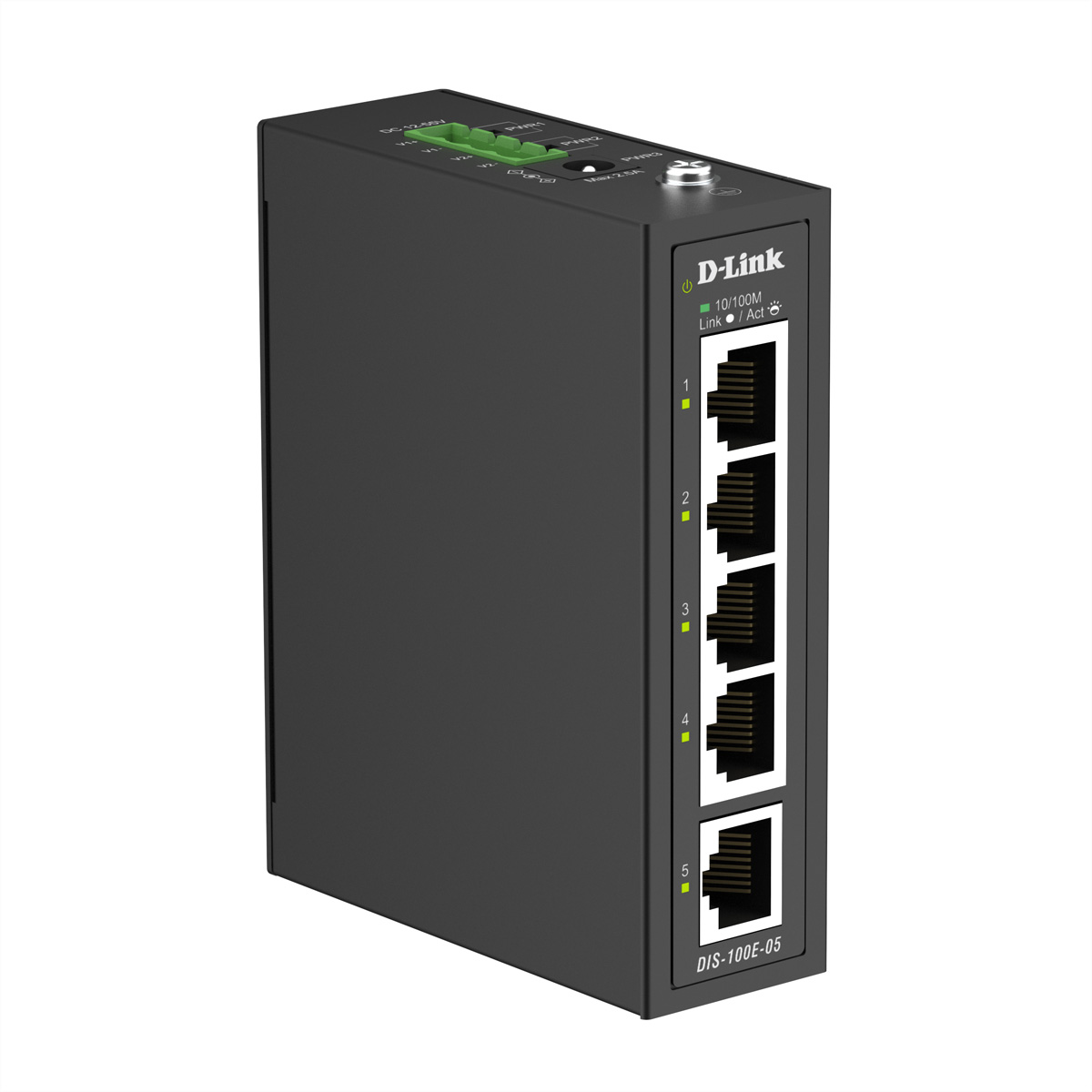 Schwarzer D-Link Netzwerk-Switch mit 5 Ethernet-Ports und Status-LEDs.