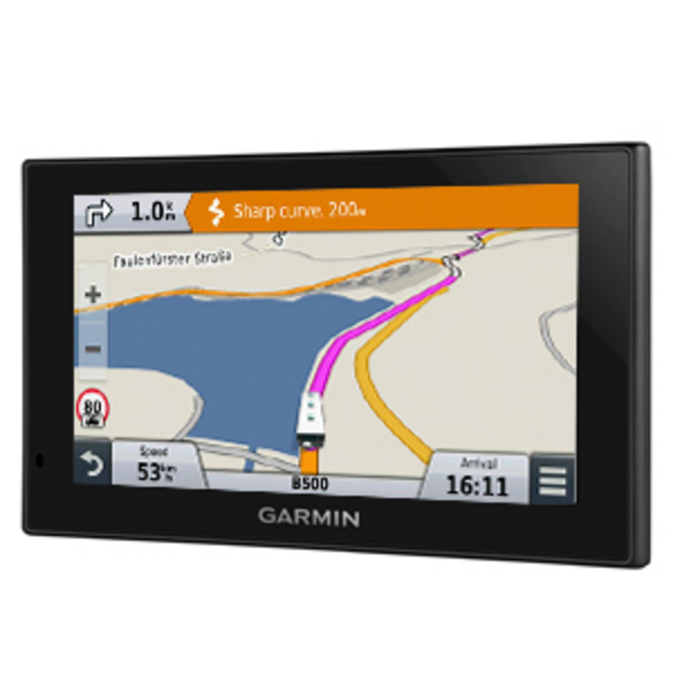Garmin Navigationsgerät zeigt eine Karte mit einer scharfen Kurve, 1.0% Steigung und 53 km/h.