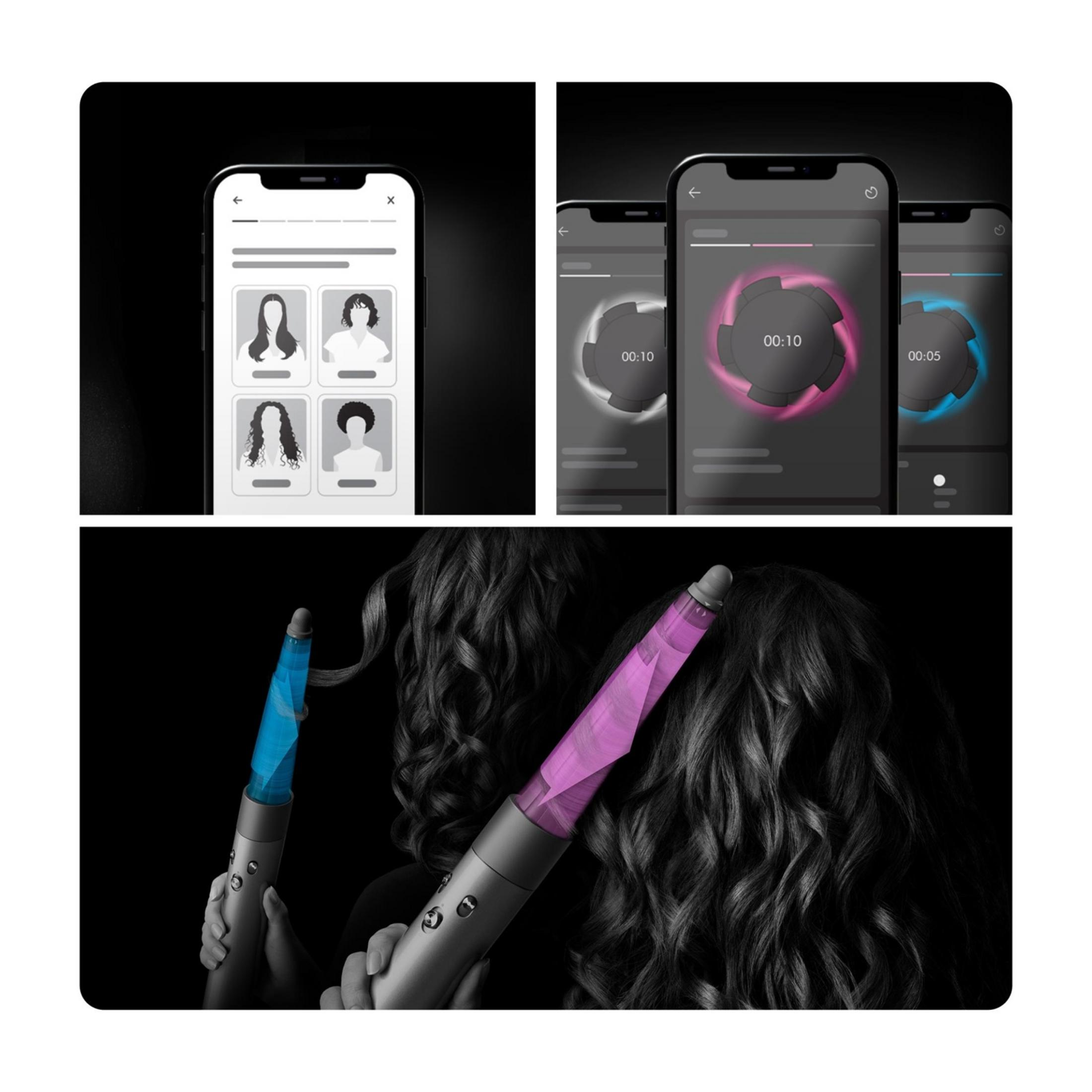 Drei Bilder zeigen eine App-Oberfläche und Haarstyling-Geräte.