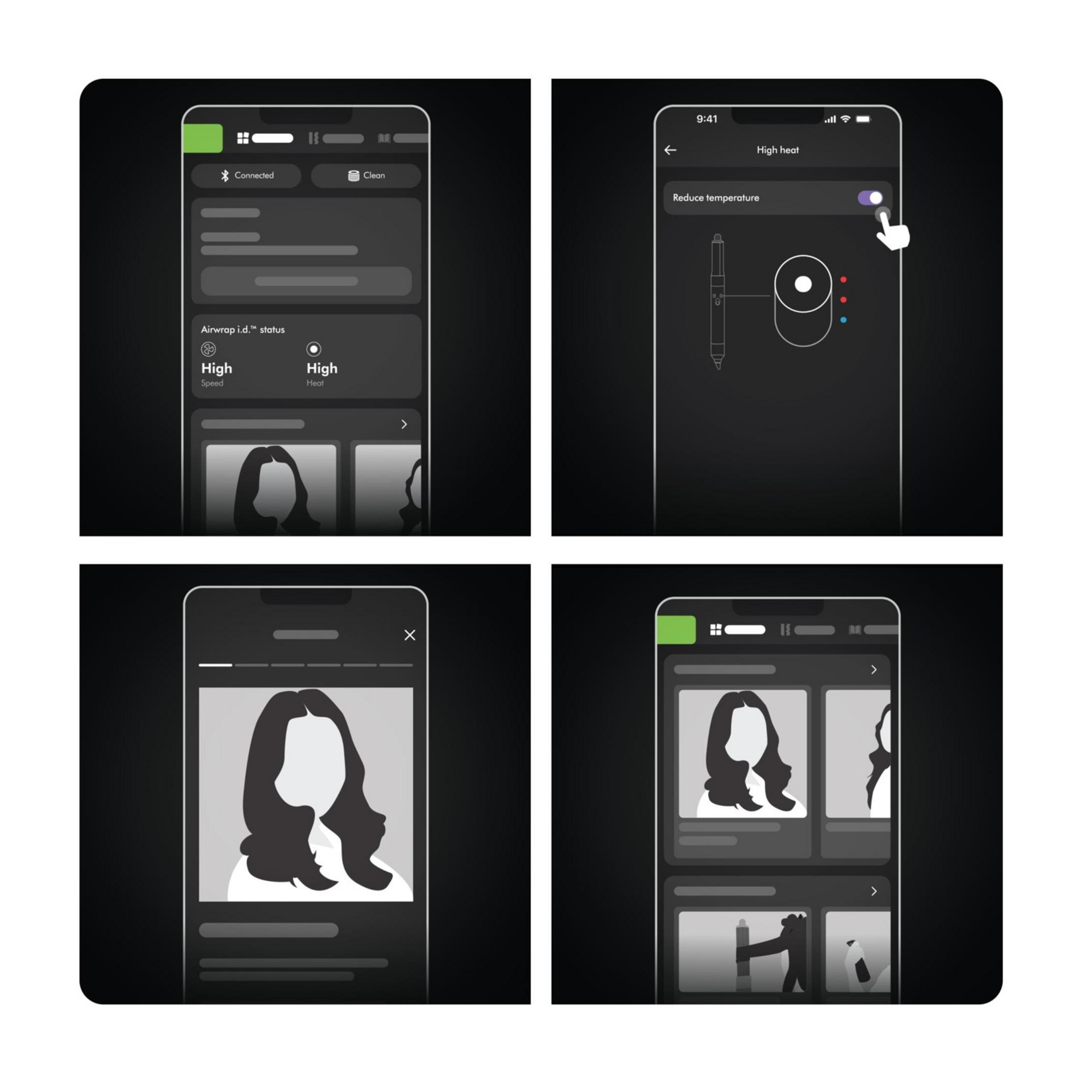 Vier Smartphone-Bildschirme zeigen App-Schnittstellen mit Geräte- und Benutzerprofilen.