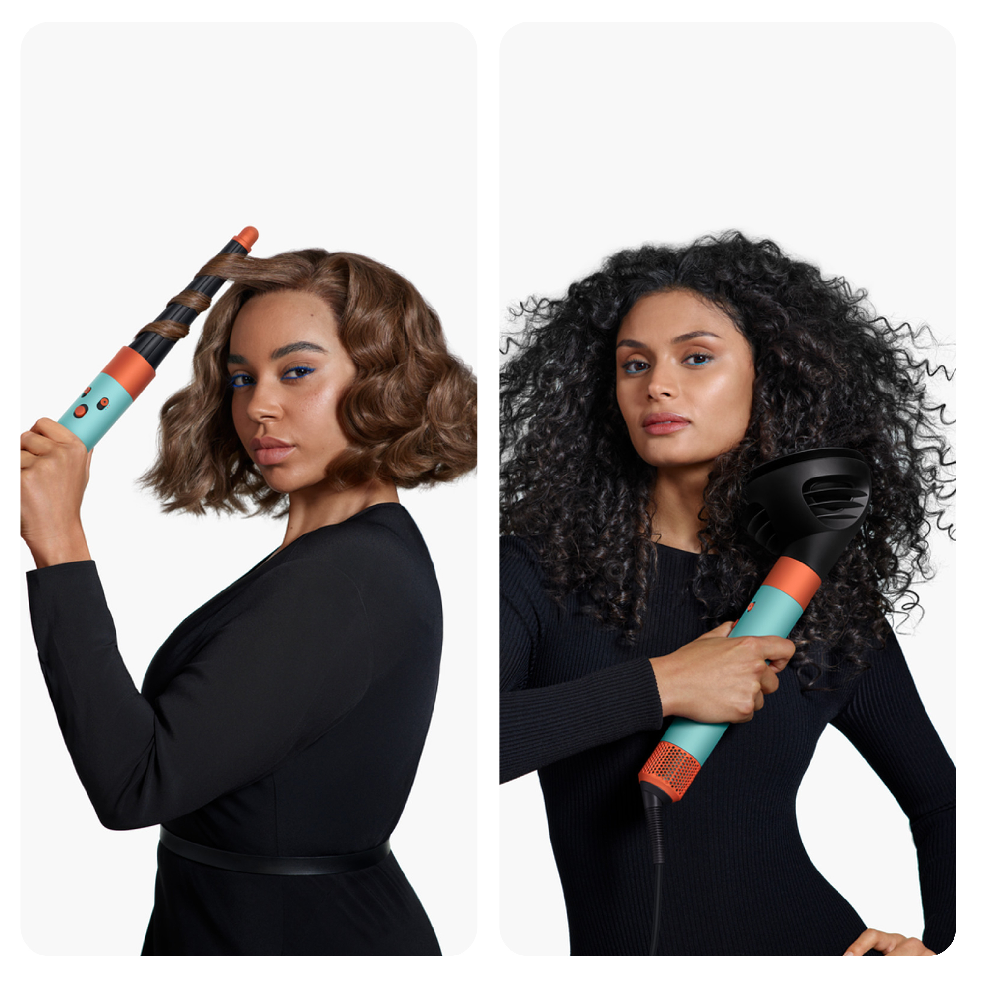 Zwei Frauen mit Haartrocknern: eine mit braunen Wellen, die andere mit schwarzen Locken.