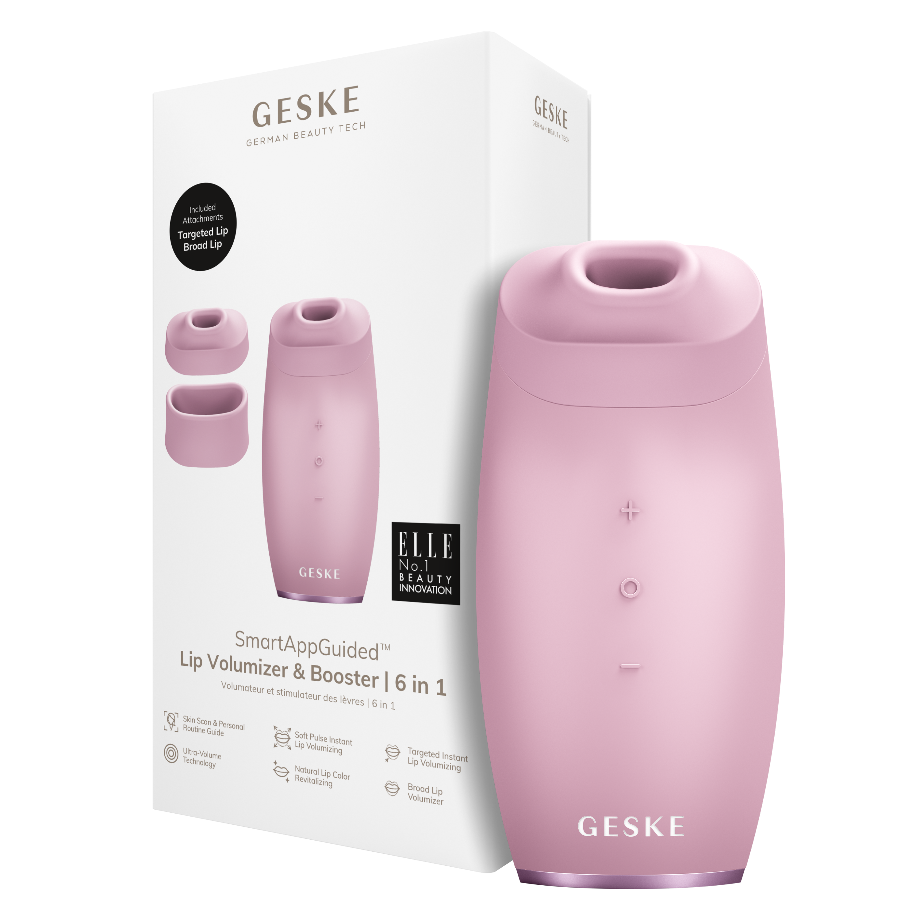 Pembe bir GESKE dudak dolgunlaştırıcı cihaz, aparatlar ve ambalaj.