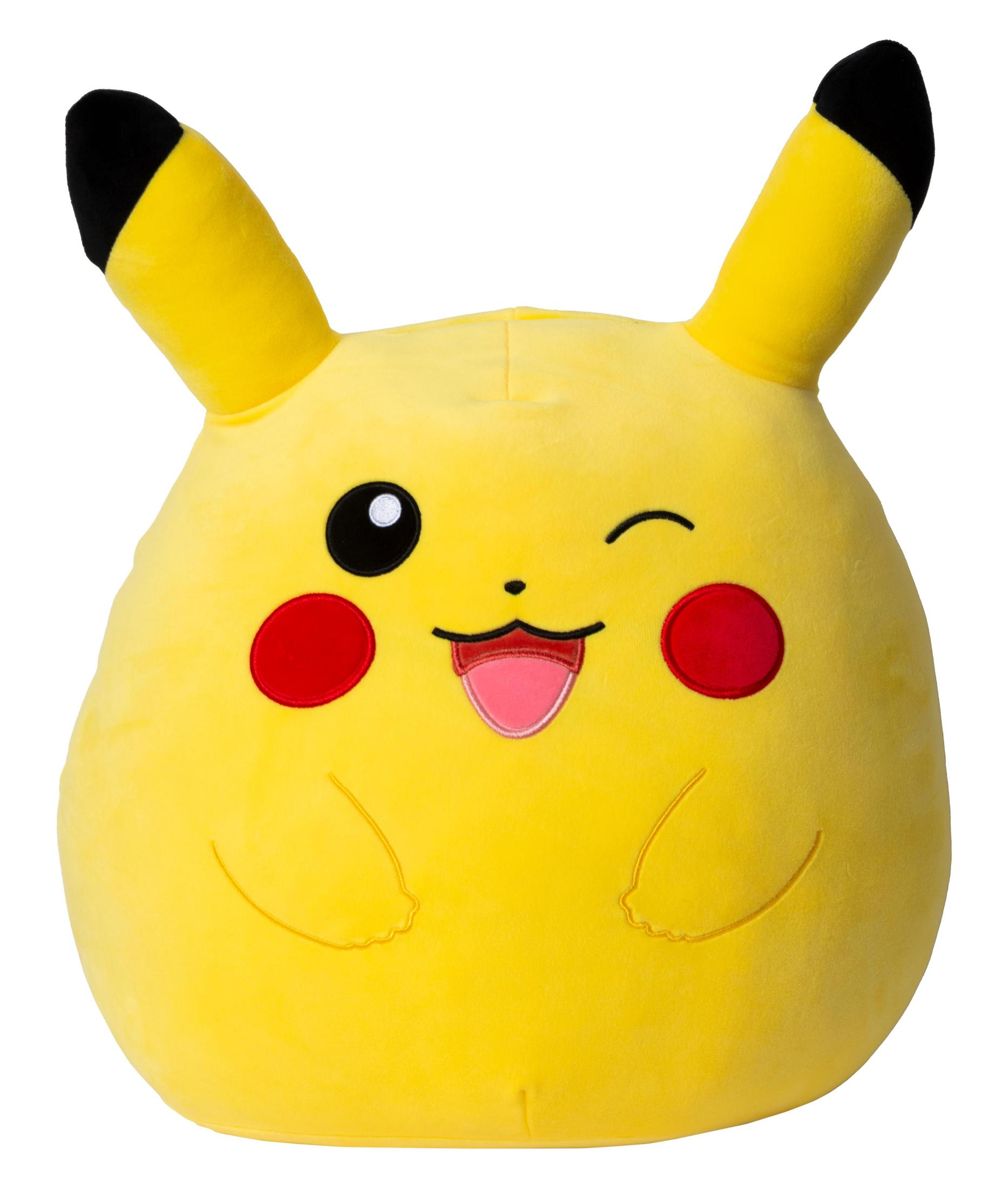 Ein gelbes Pikachu-Plüschtier mit schwarzen Ohrenspitzen, roten Wangen und einem lachenden Gesicht.