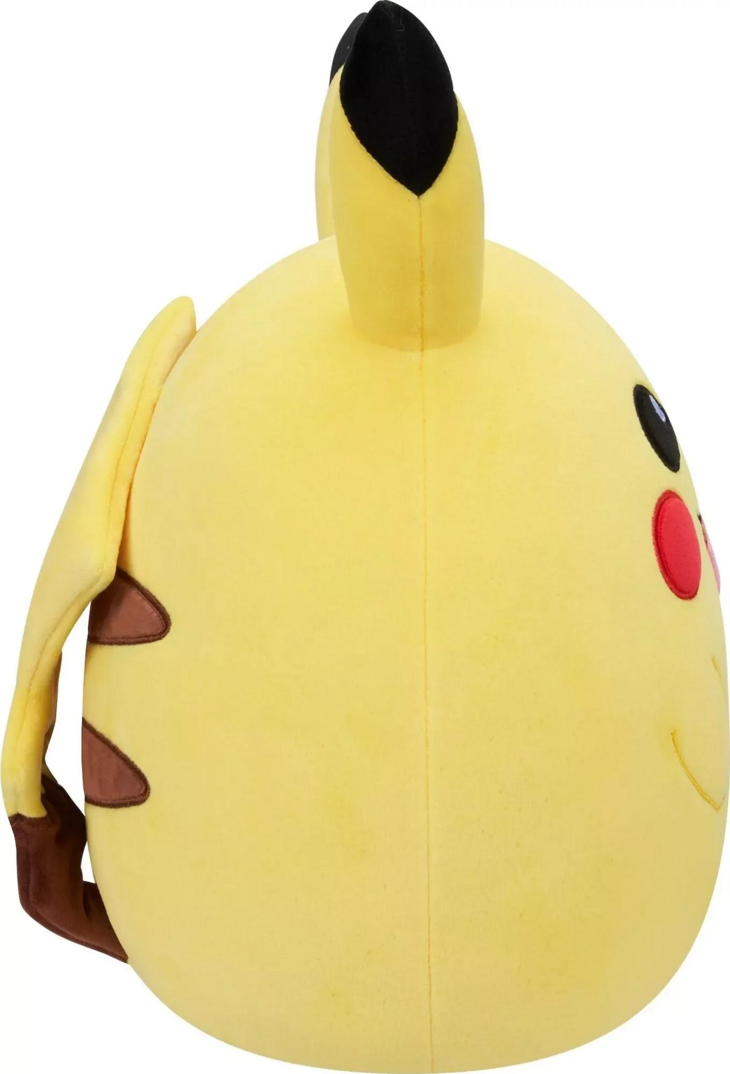 Ein gelbes Pikachu-Plüschtier mit schwarzen Ohren und roten Wangen.