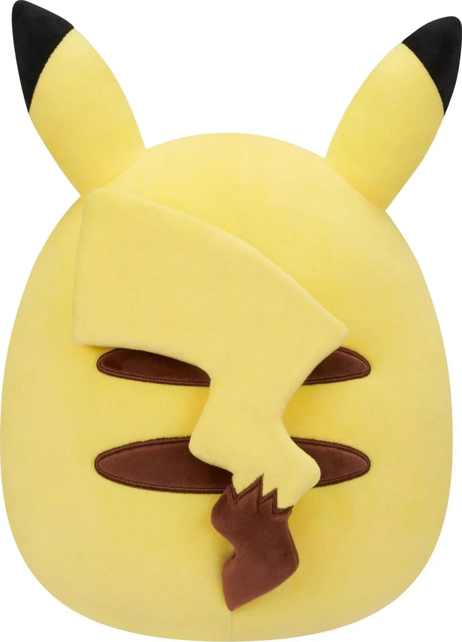 Ein gelbes Pikachu-Plüschtier mit schwarzen Ohrenspitzen und braunen Wangen.