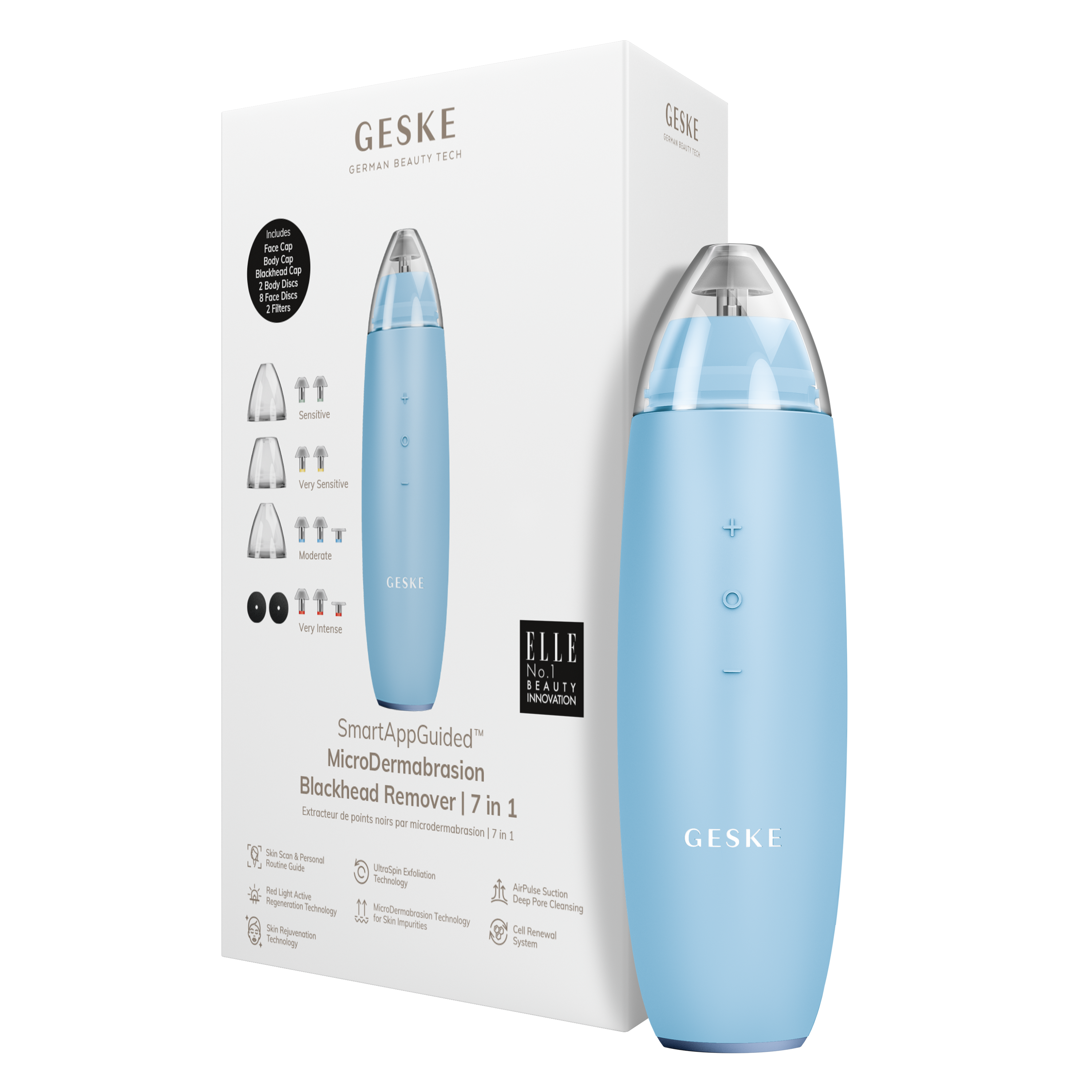 Açık mavi Geske Blackhead Remover 7'si 1 arada cihazı ve beyaz ürün kutusu beyaz bir arka planda sergileniyor.