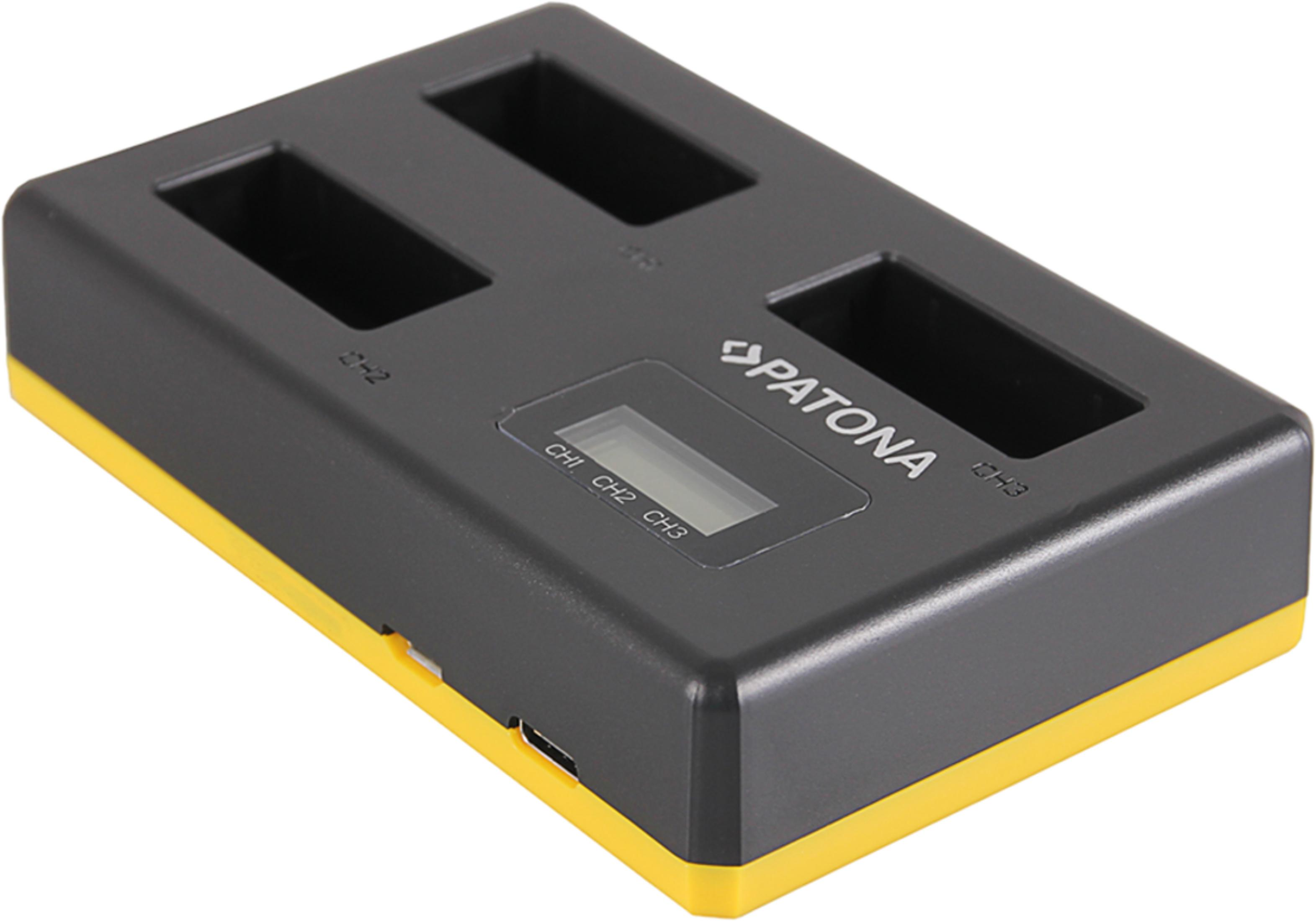 Un chargeur noir avec bordure jaune et trois fentes.