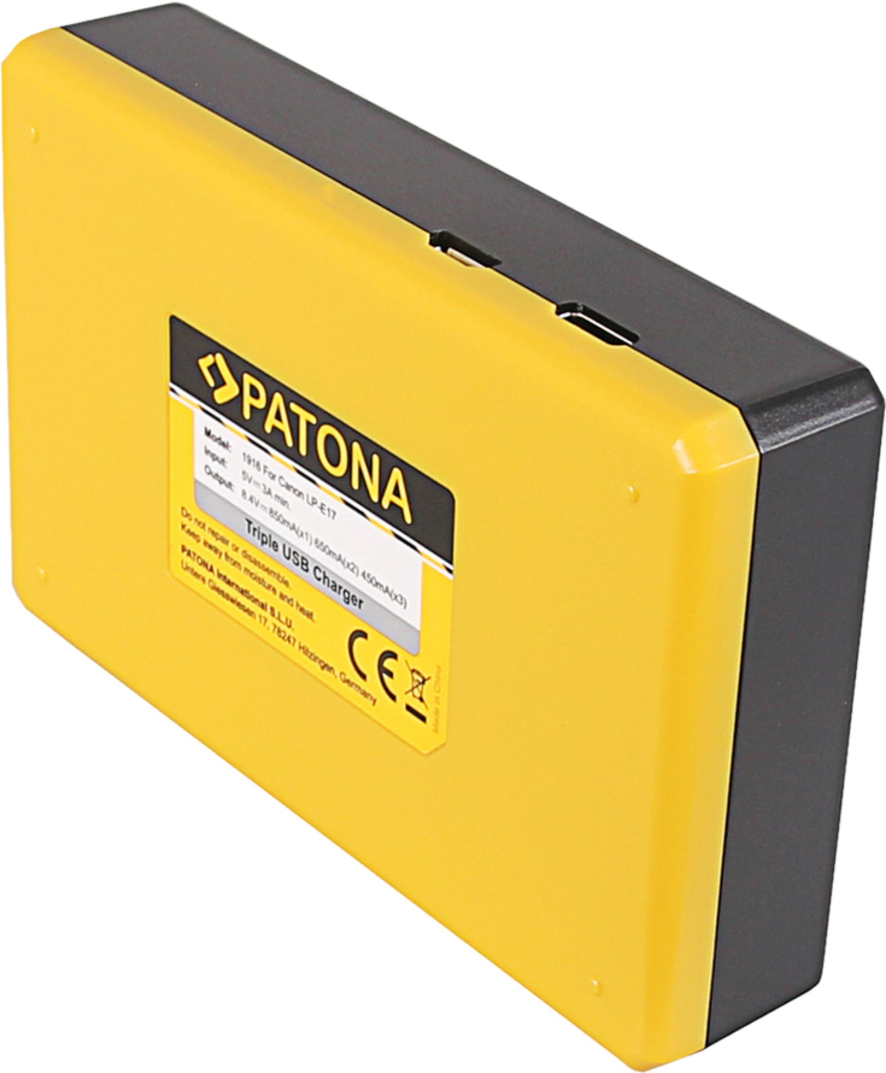 Un chargeur USB triple PATONA jaune et noir avec étiquettes.