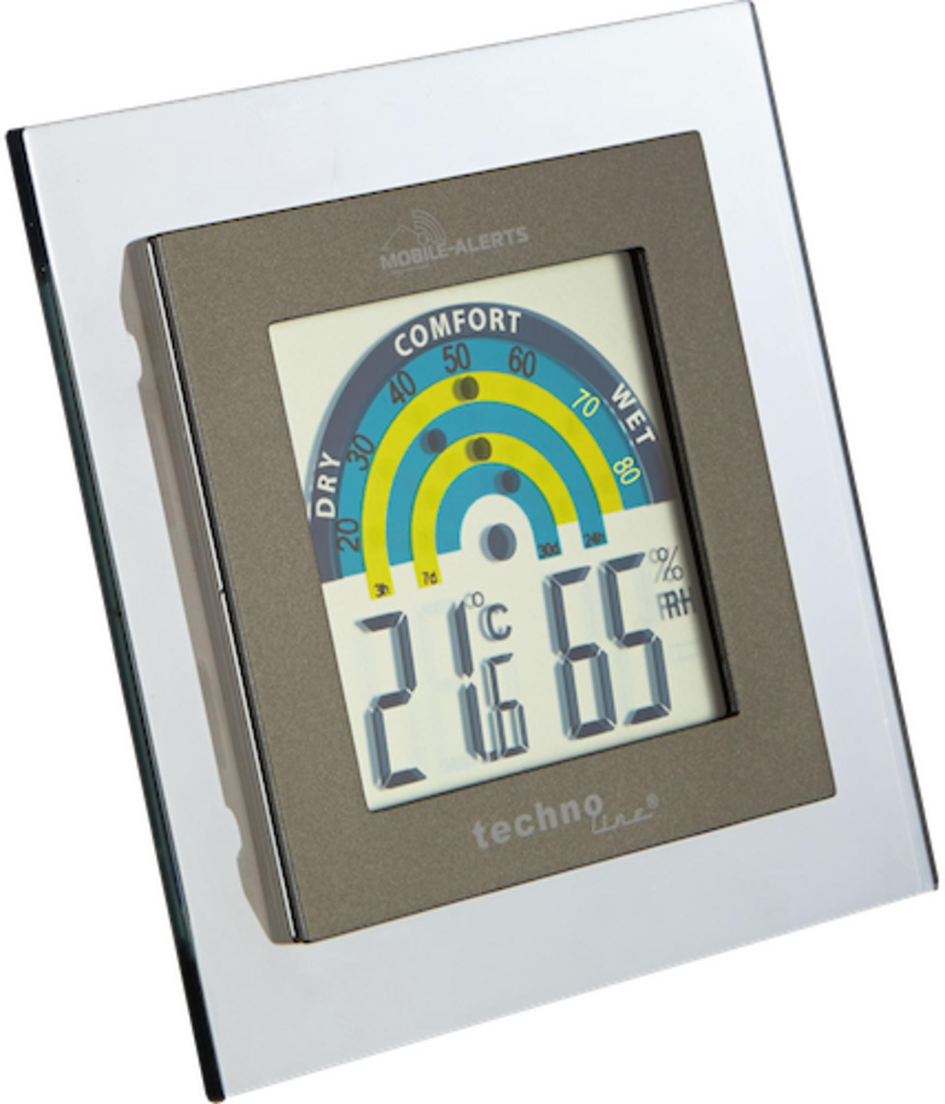 Ein digitales Thermo-Hygrometer zeigt 21 Grad Celsius und 65 % Luftfeuchtigkeit.