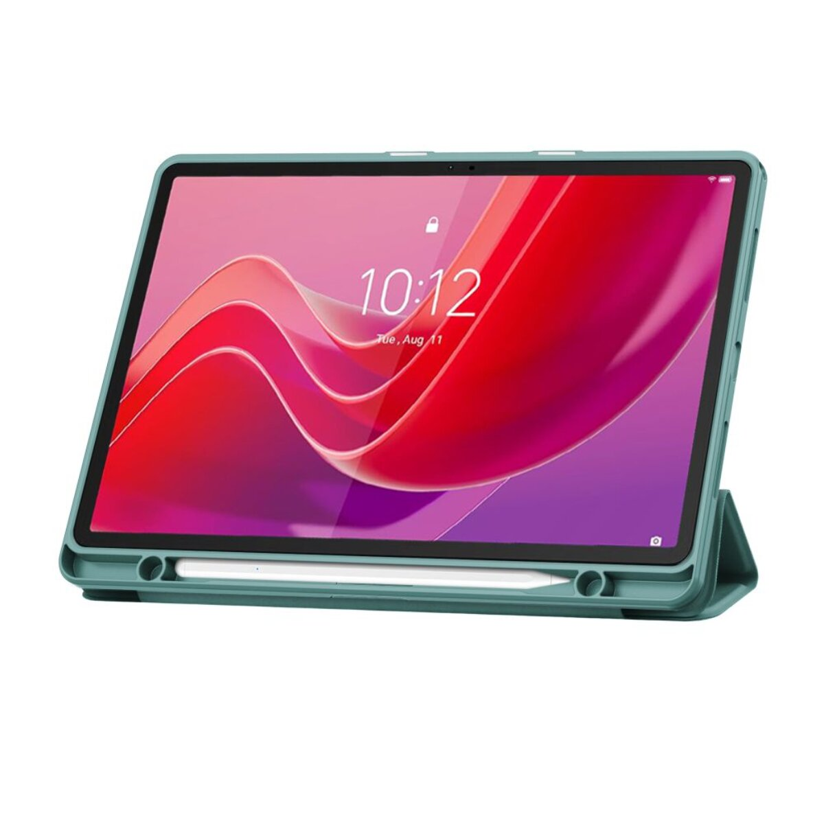 Ein Tablet mit grünem Ständer und Stift. Der Bildschirm zeigt 10:12 Uhr.
