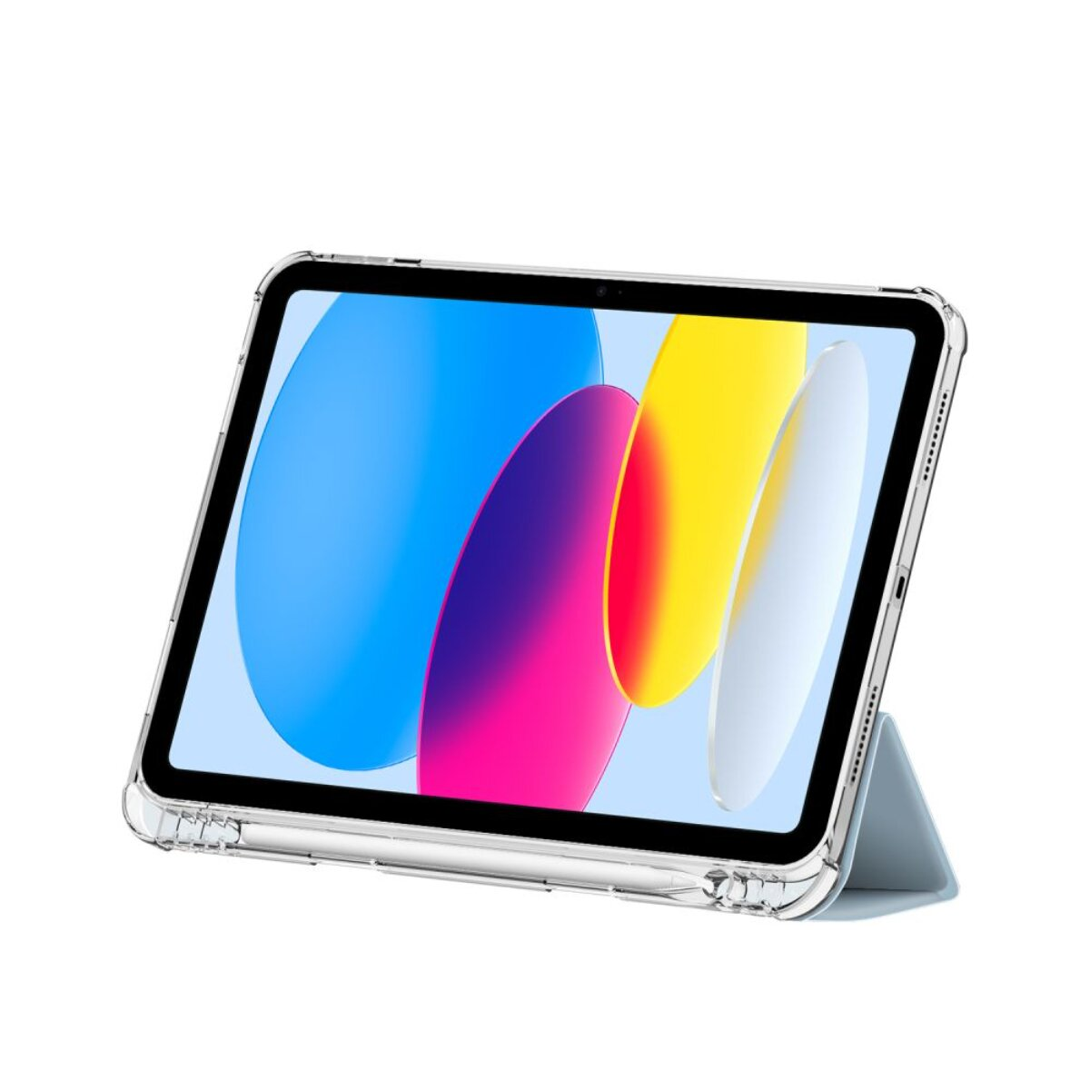 Ein durchsichtiger Tablet-Ständer mit buntem Hintergrund.