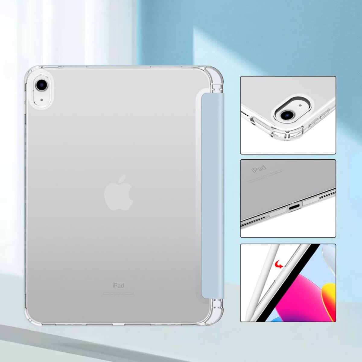 Transparente iPad-Hülle mit hellblauem Streifen. Detailansichten zeigen Kamera, Anschlüsse und Stifthalter.