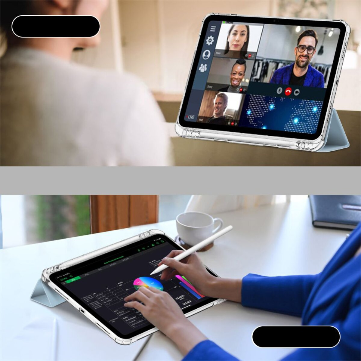 Tablet zeigt Videokonferenz oben, Diagramme unten. Benutzer interagiert.