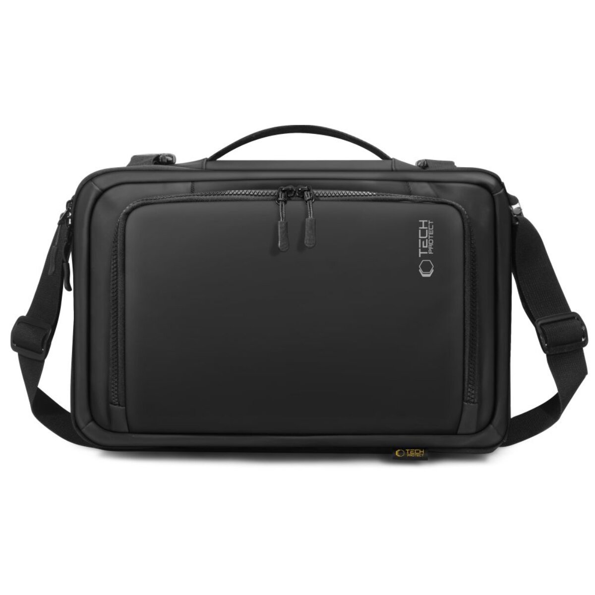 Una borsa messenger nera con maniglia superiore e tracolla, dotata di una tasca frontale con cerniera e un piccolo logo.