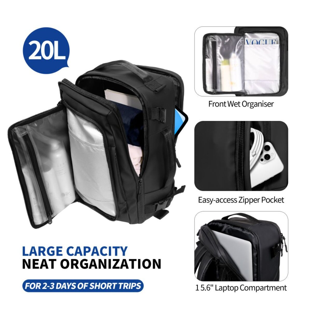 Zaino nero da 20L, aperto, che mostra le sue caratteristiche organizzative.