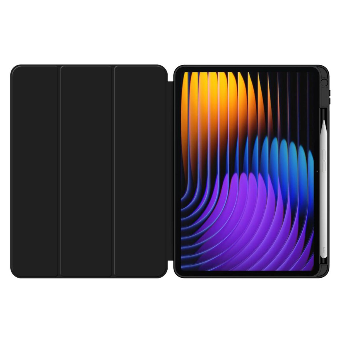 Schwarze Tablet-Hülle geöffnet, mit buntem abstrakten Bildschirm und Stift.
