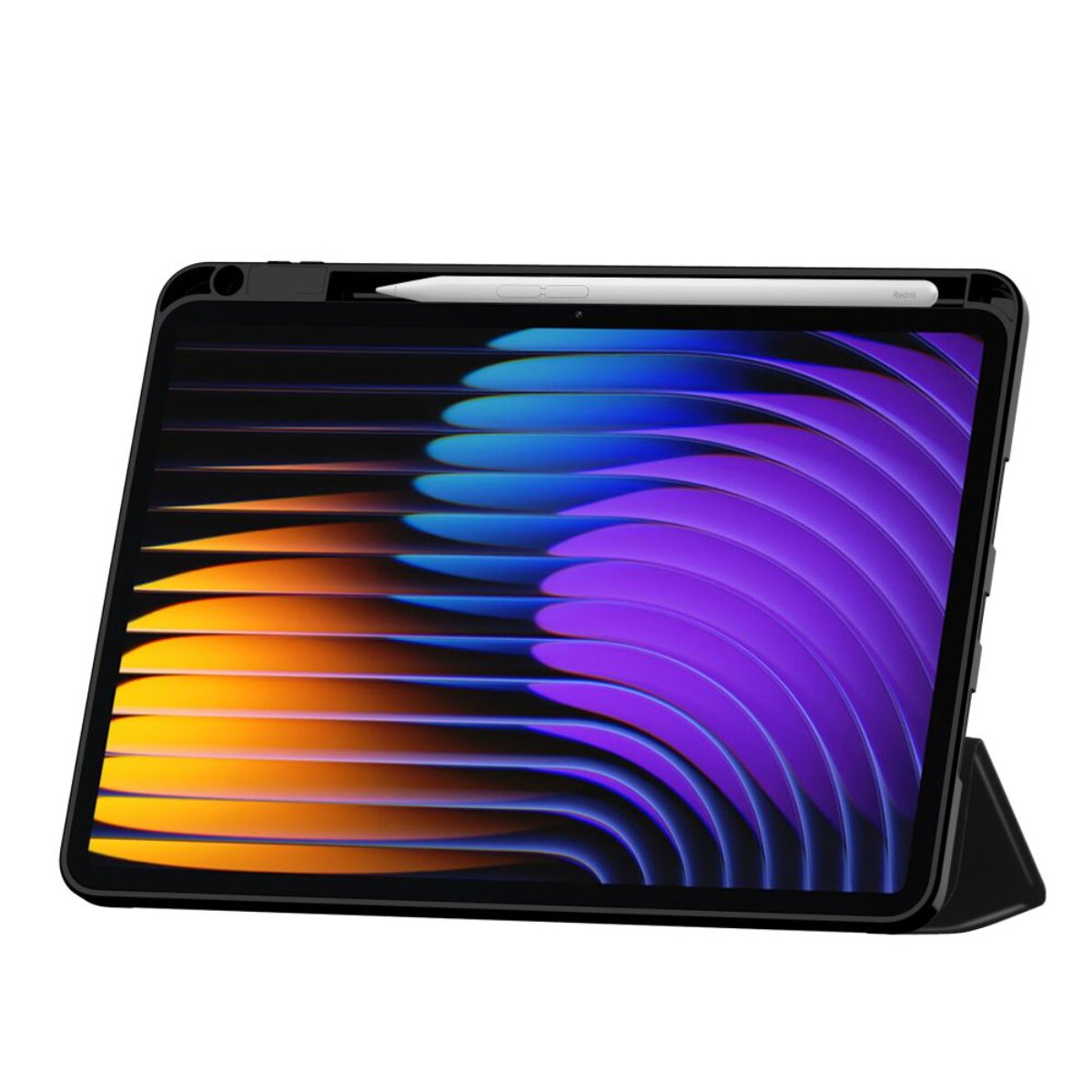 Ein schwarzes Tablet mit Stift wird von einer schwarzen Hülle gestützt. Der Bildschirm zeigt einen bunten abstrakten Hintergrund.