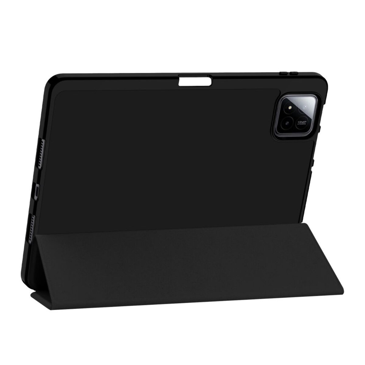 Schwarzes Tablet mit einer Kameralinse und einer aufgestellten Hülle.