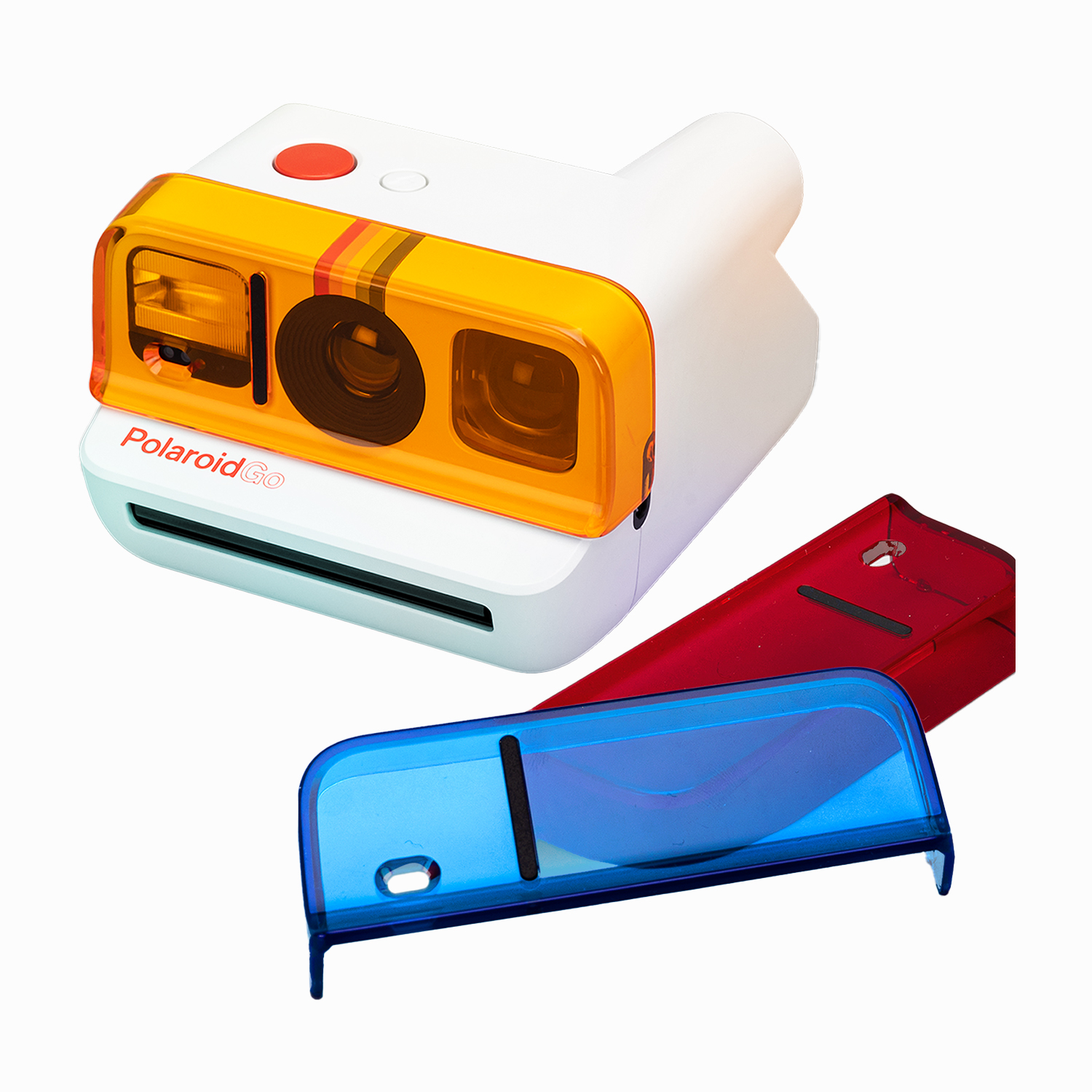 Weiße Polaroid Go Kamera mit orangem Objektivdeckel, roten und blauen Filtern.