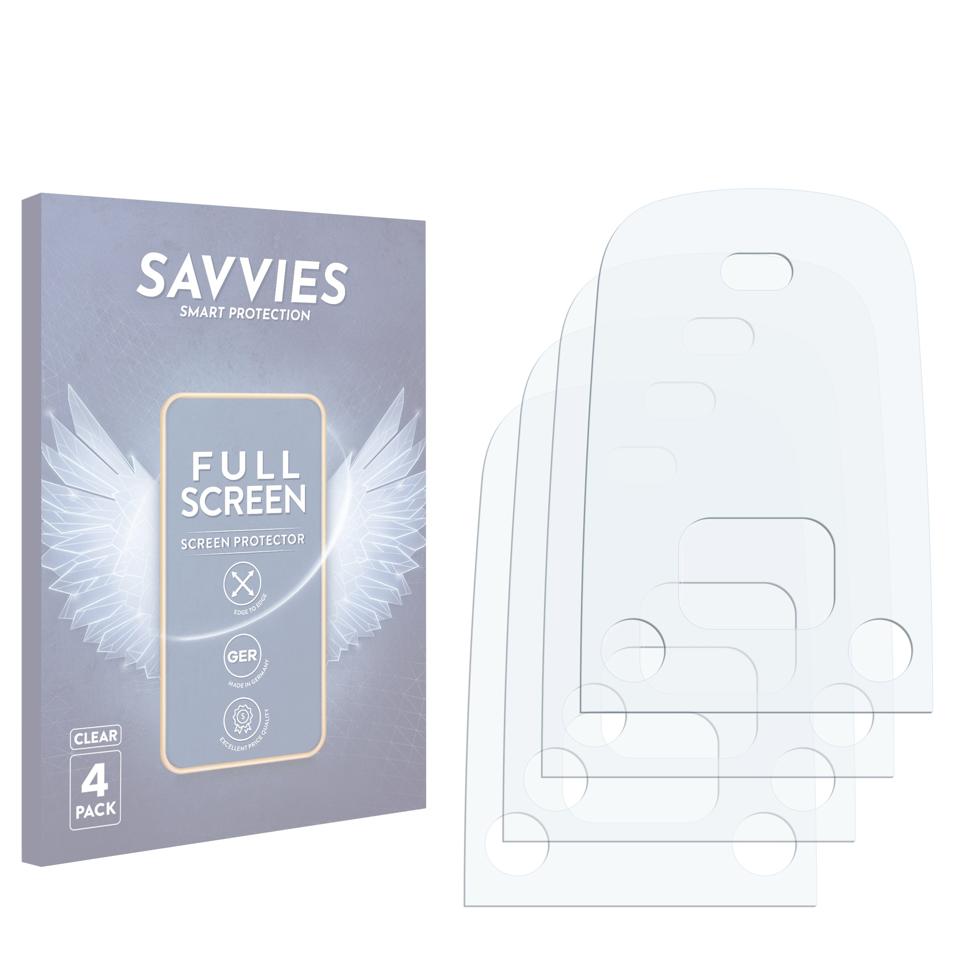 Savvies Full Screen Protector 4er-Pack Verpackung und drei klare Displayschutzfolien mit Aussparungen auf weißem Hintergrund.