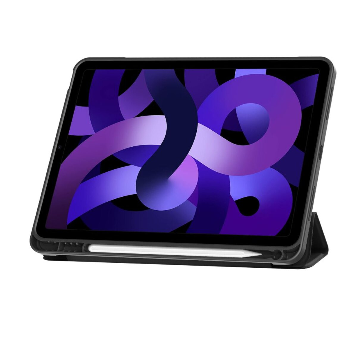 Ein schwarzes Tablet mit einer violetten und blauen Hintergrundgrafik.