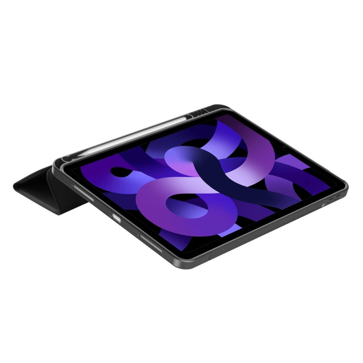 Ein Tablet mit einem Stift, das auf einem schwarzen Ständer steht. Der Bildschirm zeigt ein lila Muster.