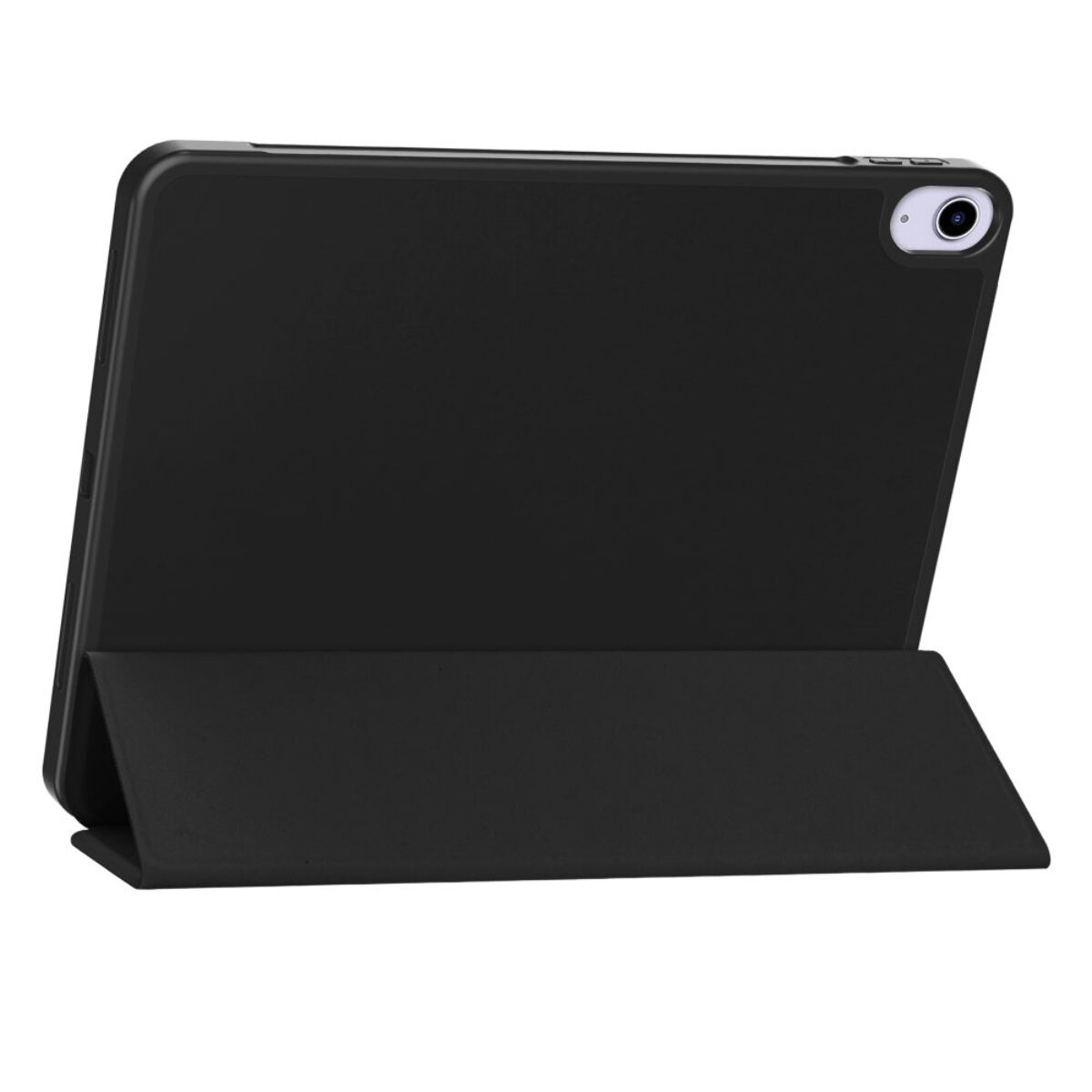 Schwarzes Tablet mit aufgestellter Hülle, auf weißem Hintergrund.