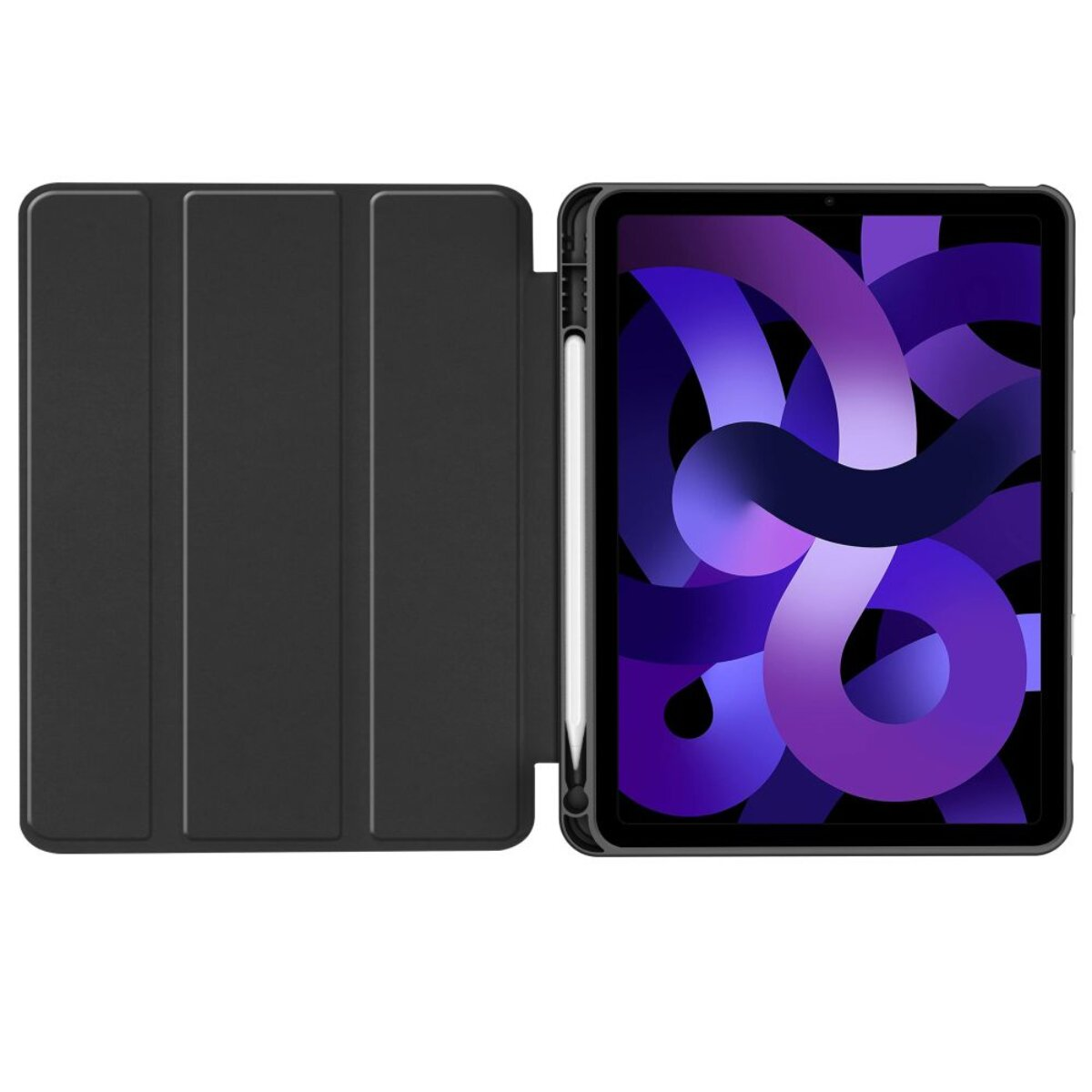 Ein schwarzes Tablet mit Stift und einem violetten Hintergrundbild.