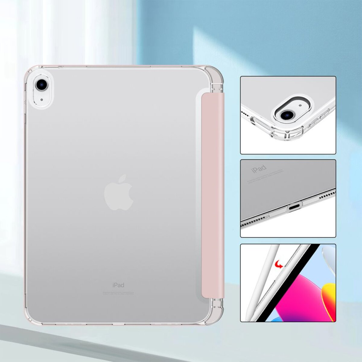 Ein durchsichtiges iPad-Case mit rosa Rand, Nahaufnahmen zeigen Details.
