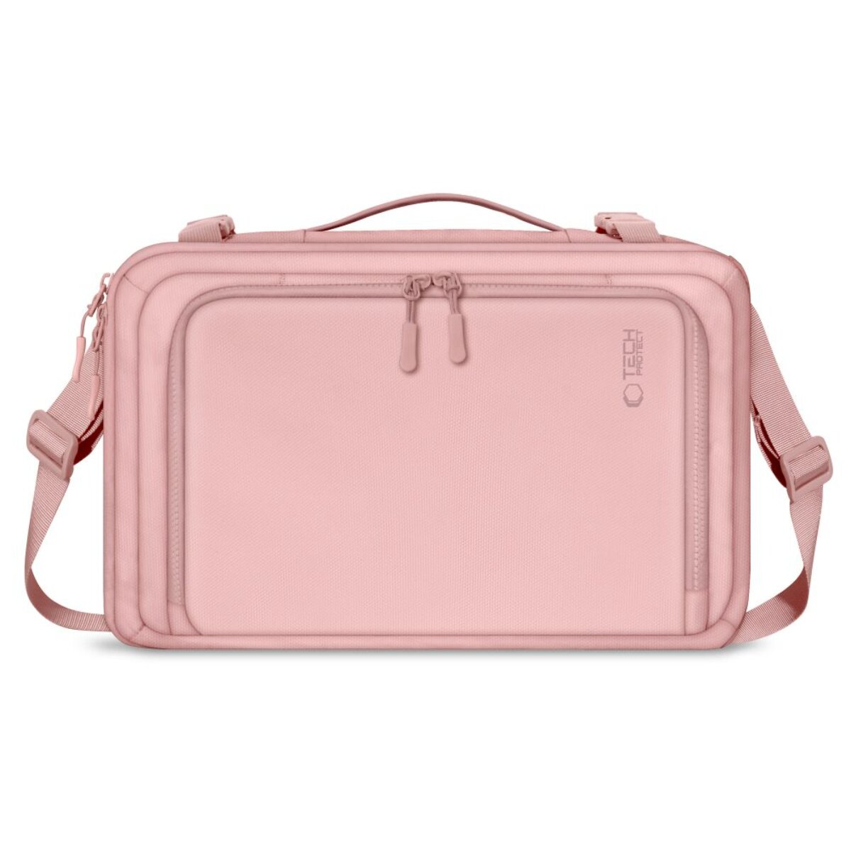 Eine hellrosa Laptoptasche mit einer vorderen Reißverschlusstasche und einem Schultergurt, mit einem dezenten „TECH PROTECT“-Logo.