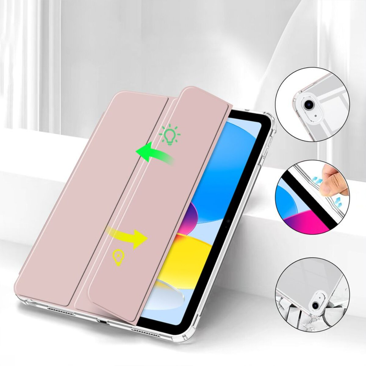 Ein rosa Tablet-Etui mit einem klaren Rückteil, das auf ein Tablet geklickt wird.