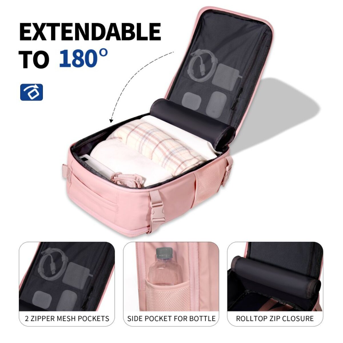 Ein pinker Rucksack, offen, zeigt ordentlich gepackte Kleidung und Accessoires, mit Text "EXTENDABLE TO 180°".