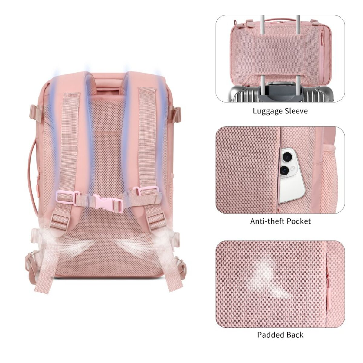 Pinker Rucksack mit gepolsterten Trägern, Gepäckdurchführung, Diebstahlschutz-Tasche.