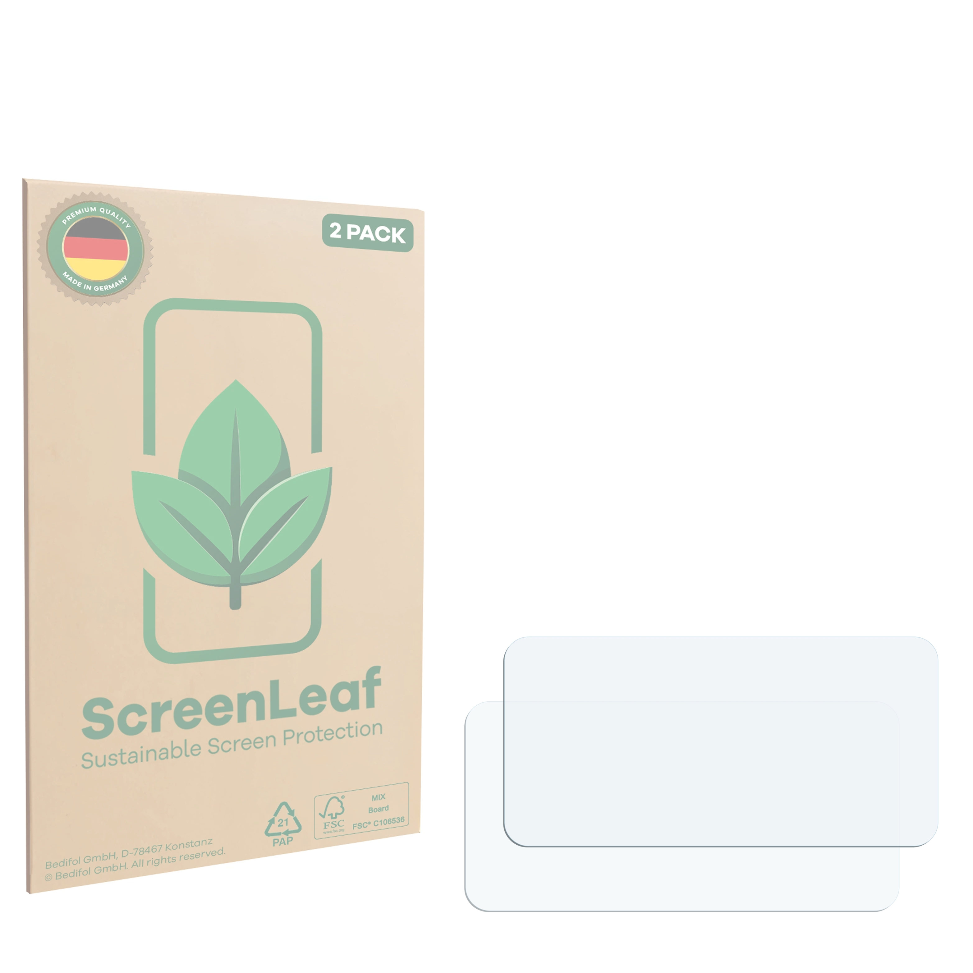 Verpackung für zwei Displayschutzfolien mit Blattmotiv und Siegeln.