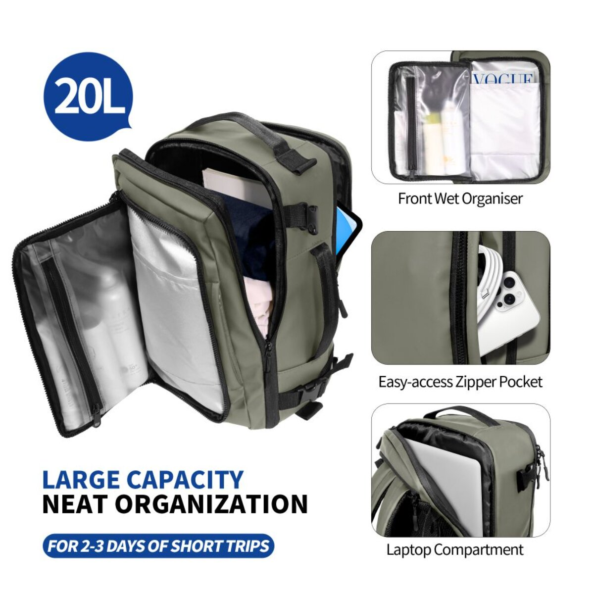 Ein grüner Rucksack mit 20L Kapazität, organisiert für Kurztrips.