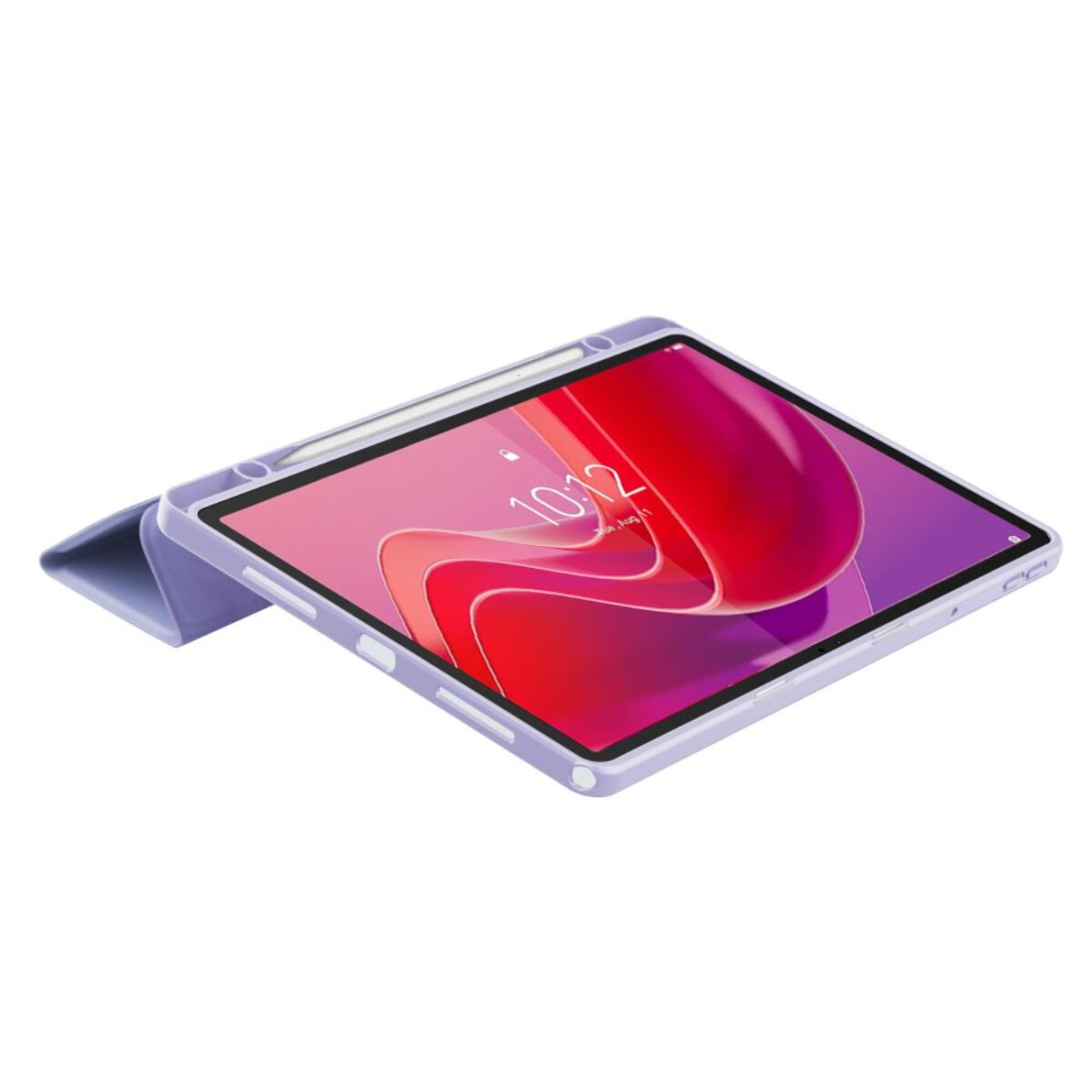 Ein lila Tablet mit einem Stift und einer bunten Tapete.
