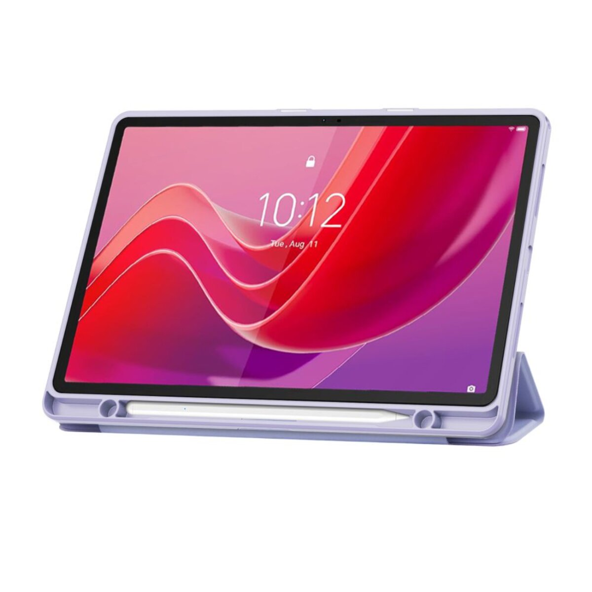 Ein lilafarbenes Tablet mit Stift, das auf einem Ständer steht. Der Bildschirm zeigt 10:12 Uhr.