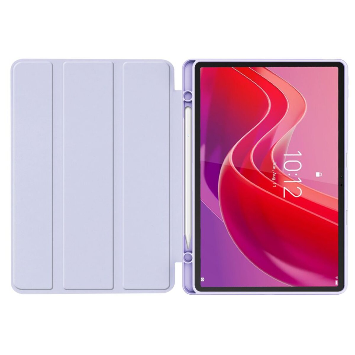 Ein lila Tablet mit Stift liegt offen auf einem Tisch.