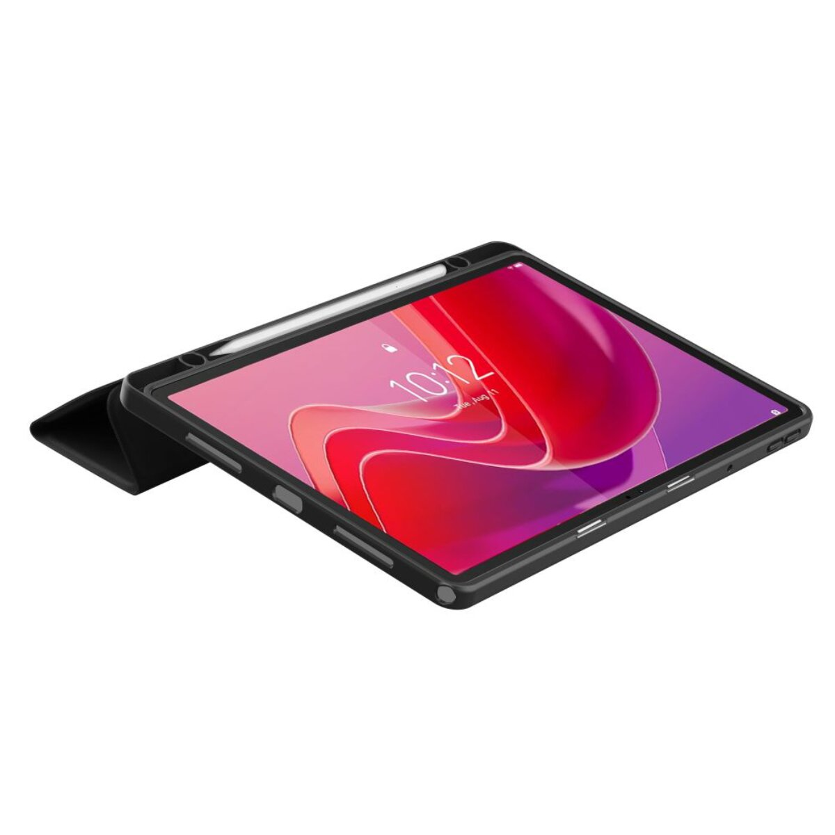 Ein schwarzes Tablet mit Stift und einer bunten Bildschirmsperre liegt auf einem weißen Hintergrund.