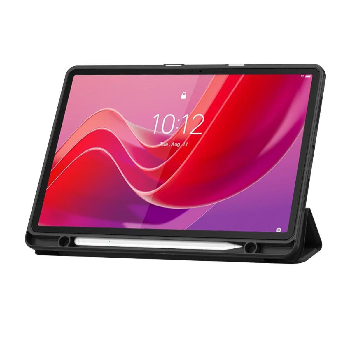 Ein Tablet mit Stift in einer schwarzen Hülle, das auf einem Tisch steht.