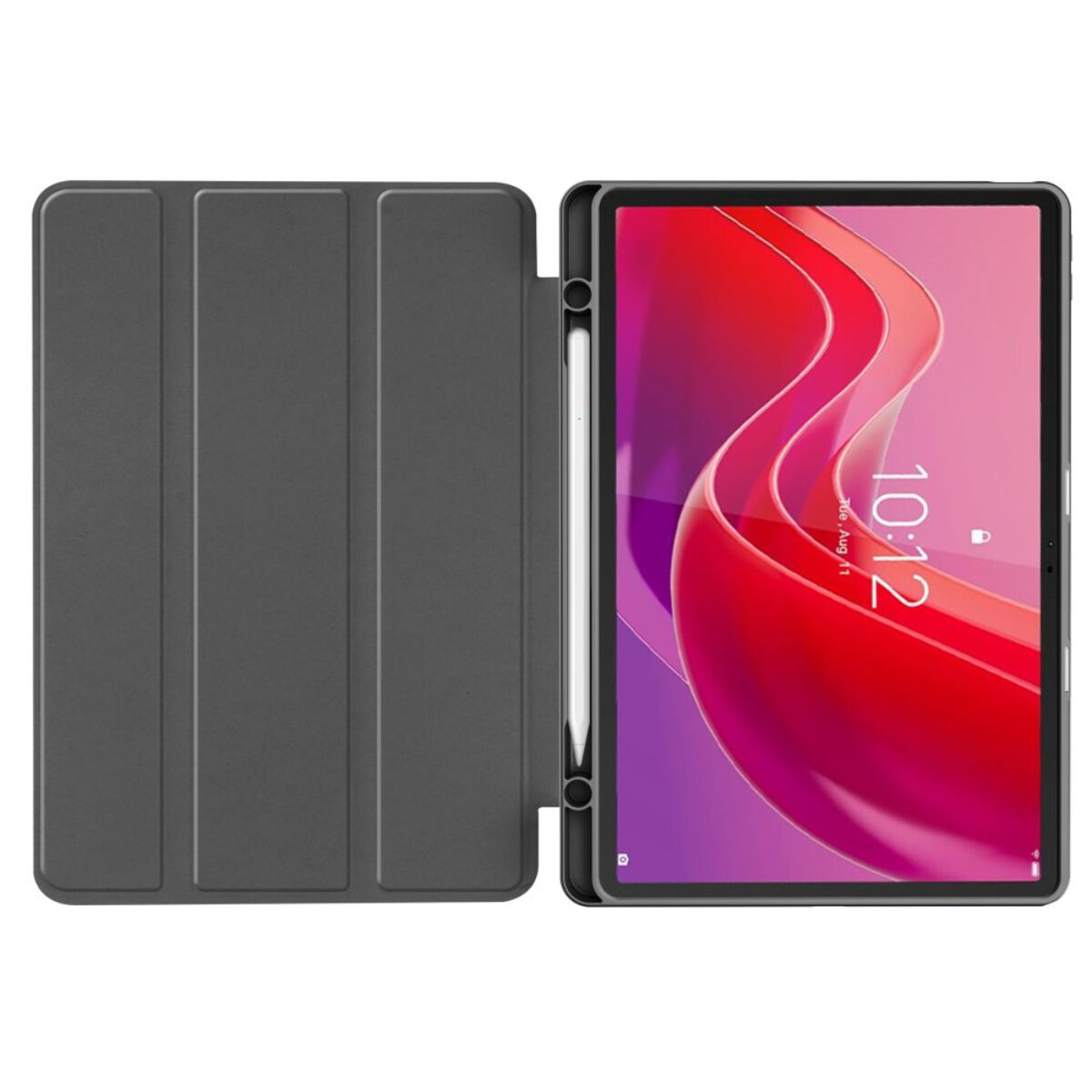 Ein graues Tablet mit offenem Ständer und einem Stift daneben. Der Bildschirm zeigt 10:12 Uhr.
