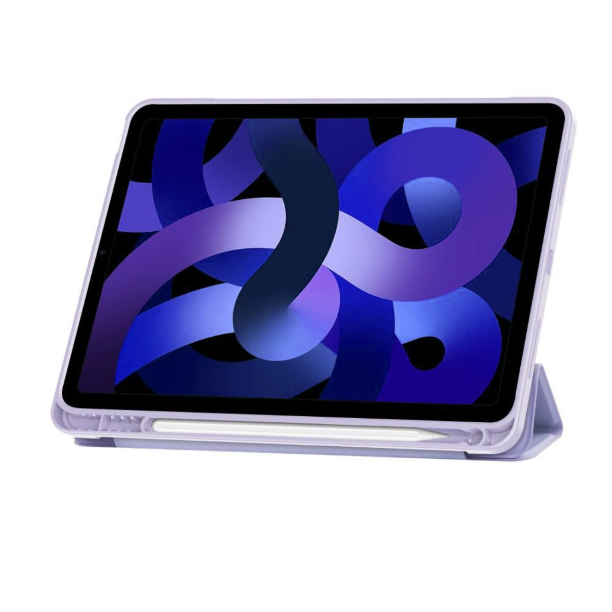 Eine hellviolette Tablet-Hülle hält ein Tablet mit buntem abstrakten Hintergrund. Ein Stift liegt auf der Hülle.