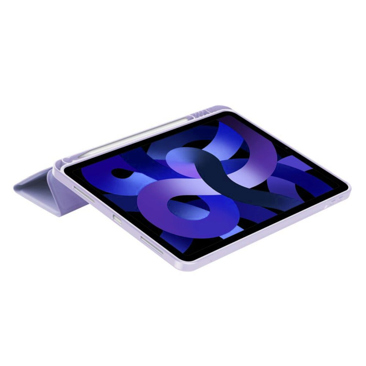 Ein lila Tablet mit Stift und einem blauen/lila Hintergrundmuster.