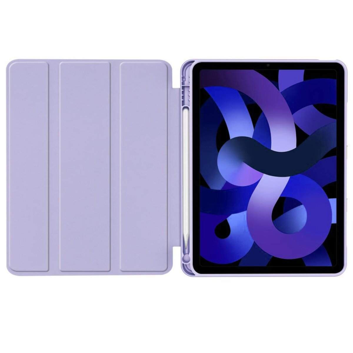 Ein lila Tablet mit Stift und einer blauen Tapete.