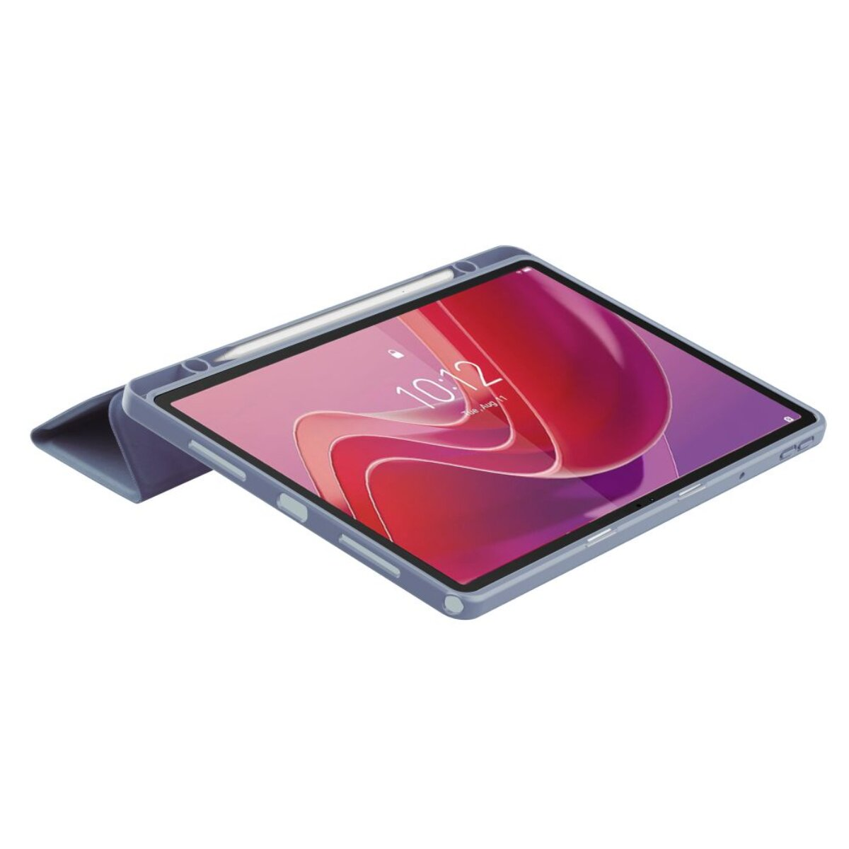 Ein graues Tablet mit Stift, das auf einem Ständer steht. Der Bildschirm zeigt eine Uhrzeit.
