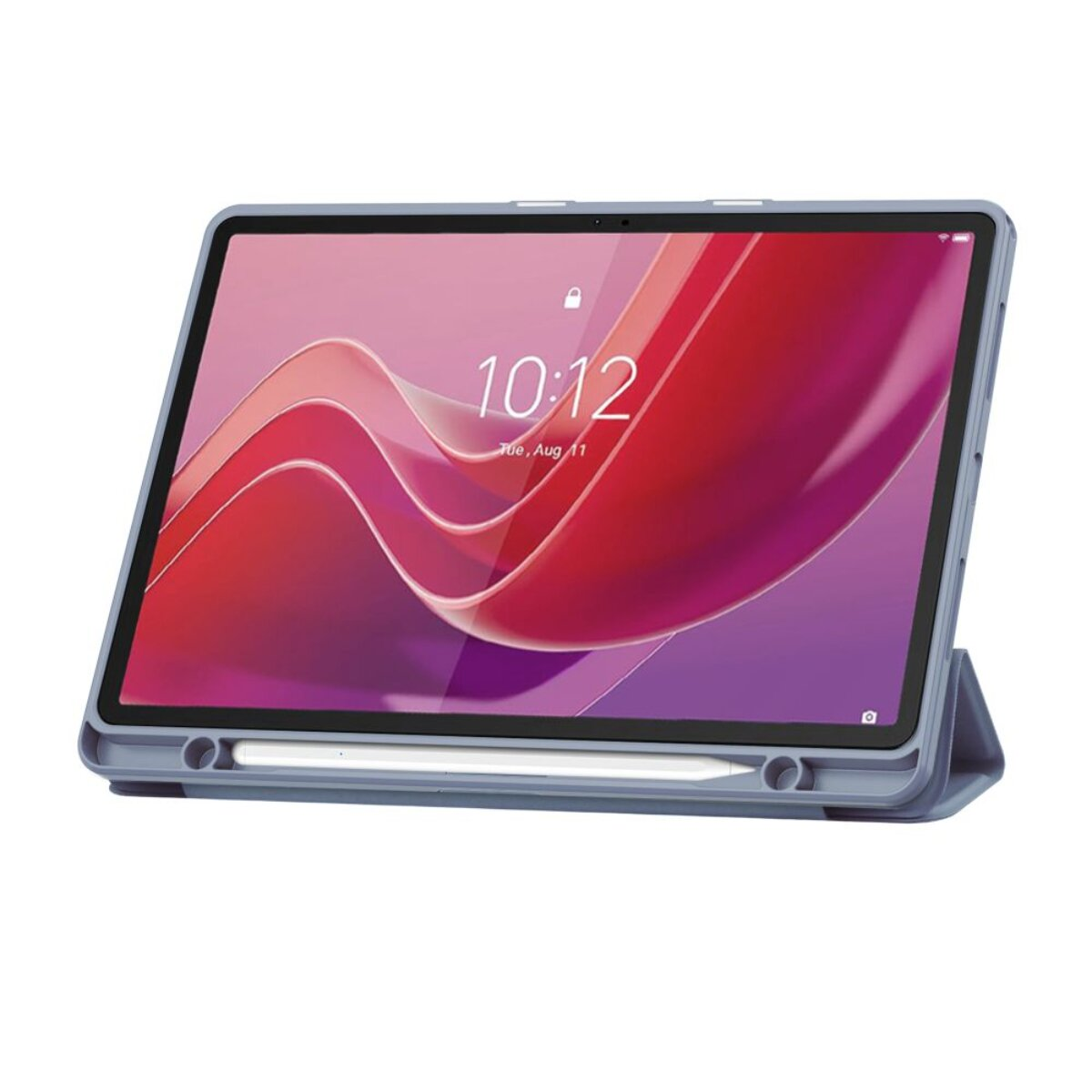Ein hellblaues Tablet mit Stift im Ständer, das den Sperrbildschirm anzeigt.
