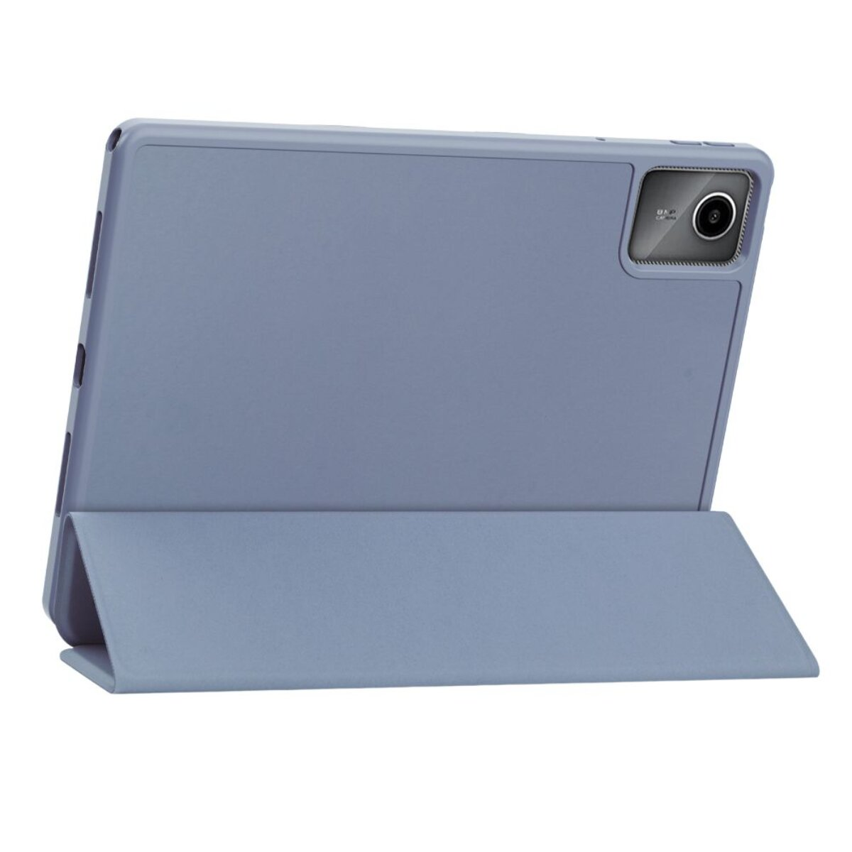 Ein hellblaues Tablet in einer passenden Schutzhülle, aufgestellt.