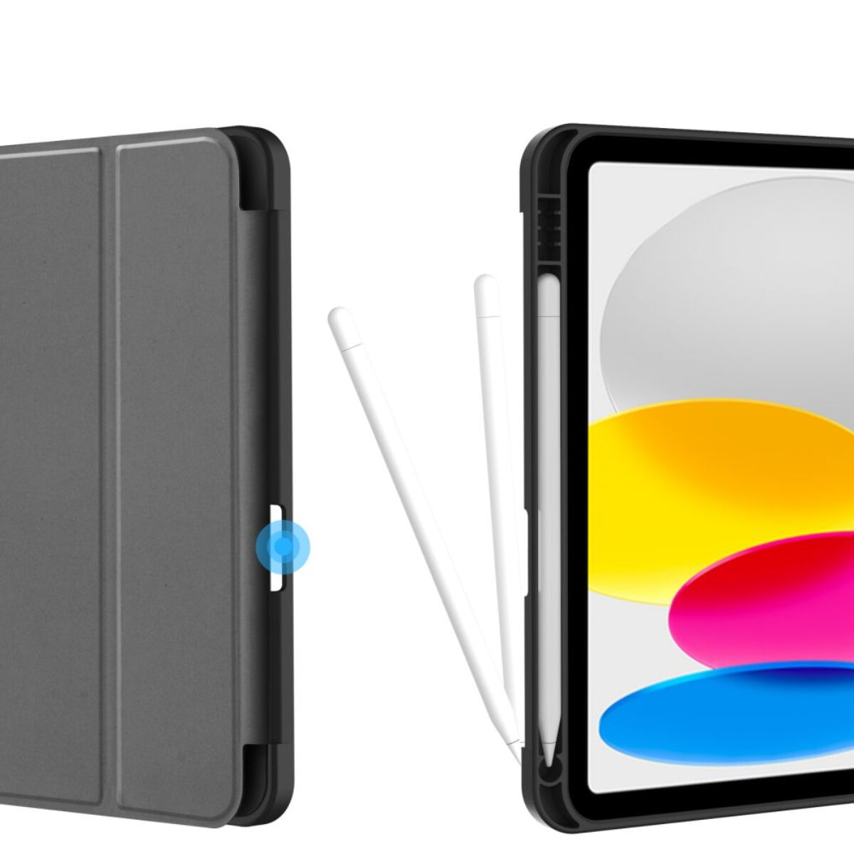Ein graues Tablet mit Stifthalter und zwei digitalen Stiften auf weißem Hintergrund.