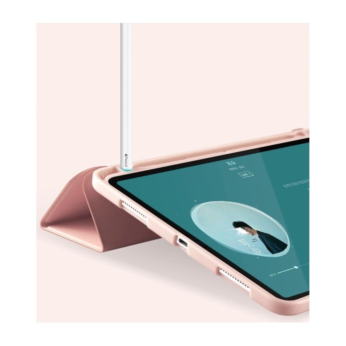 Ein weißer Apple Pencil ist magnetisch am oberen Rand eines roségoldenen Tablets befestigt, das von einer roségoldenen Hülle gestützt wird.